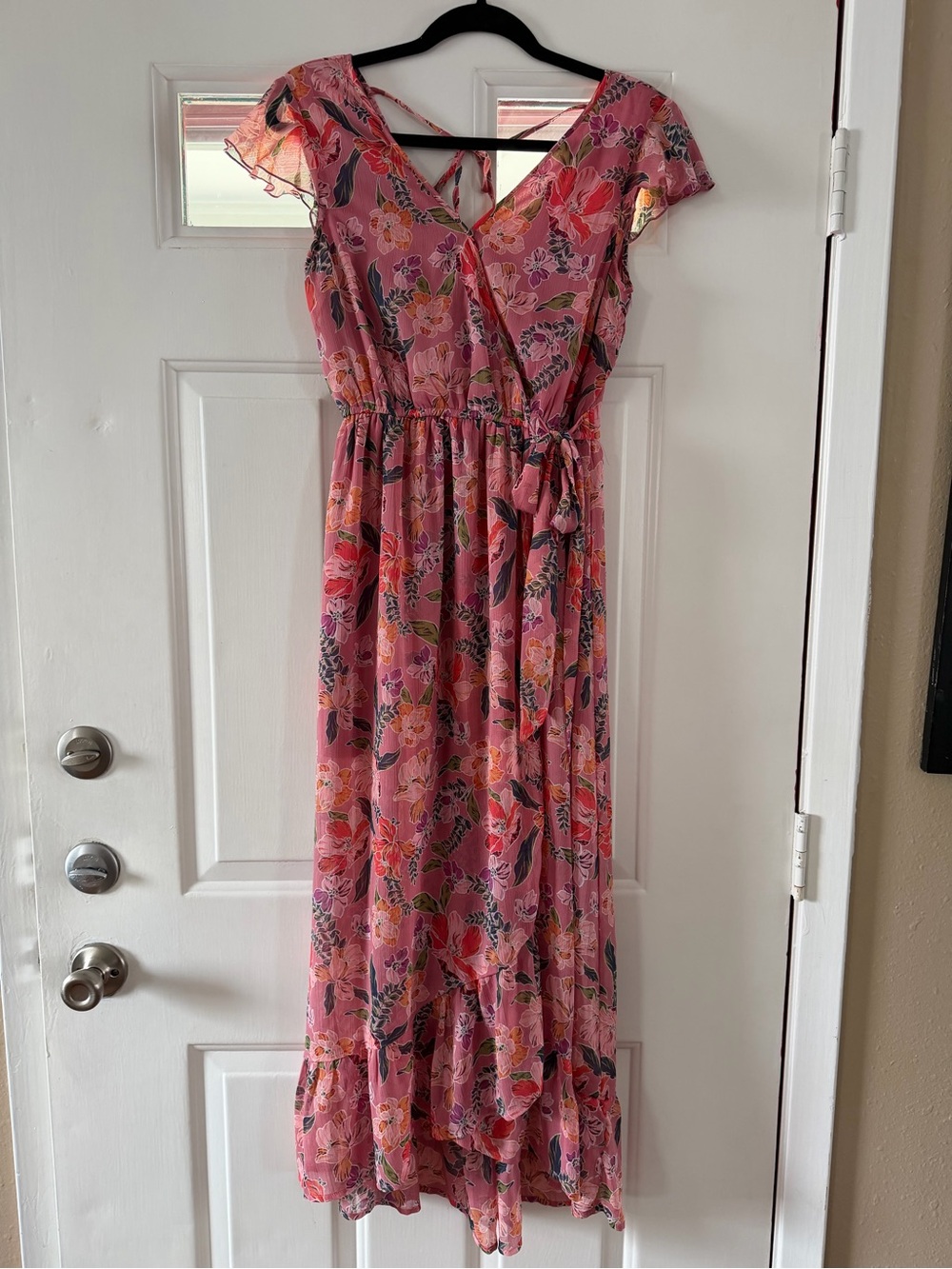 Pink Floral Wrap Maxi Dress with Ruffle Hem